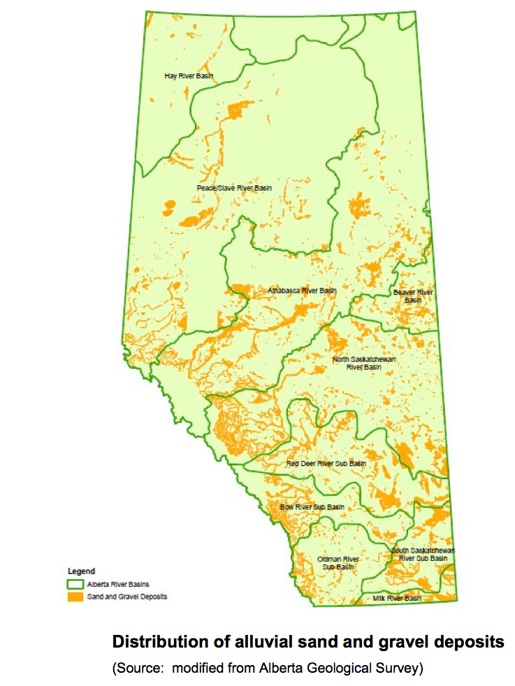 Distribution of Alluvial sand and gravel deposits map