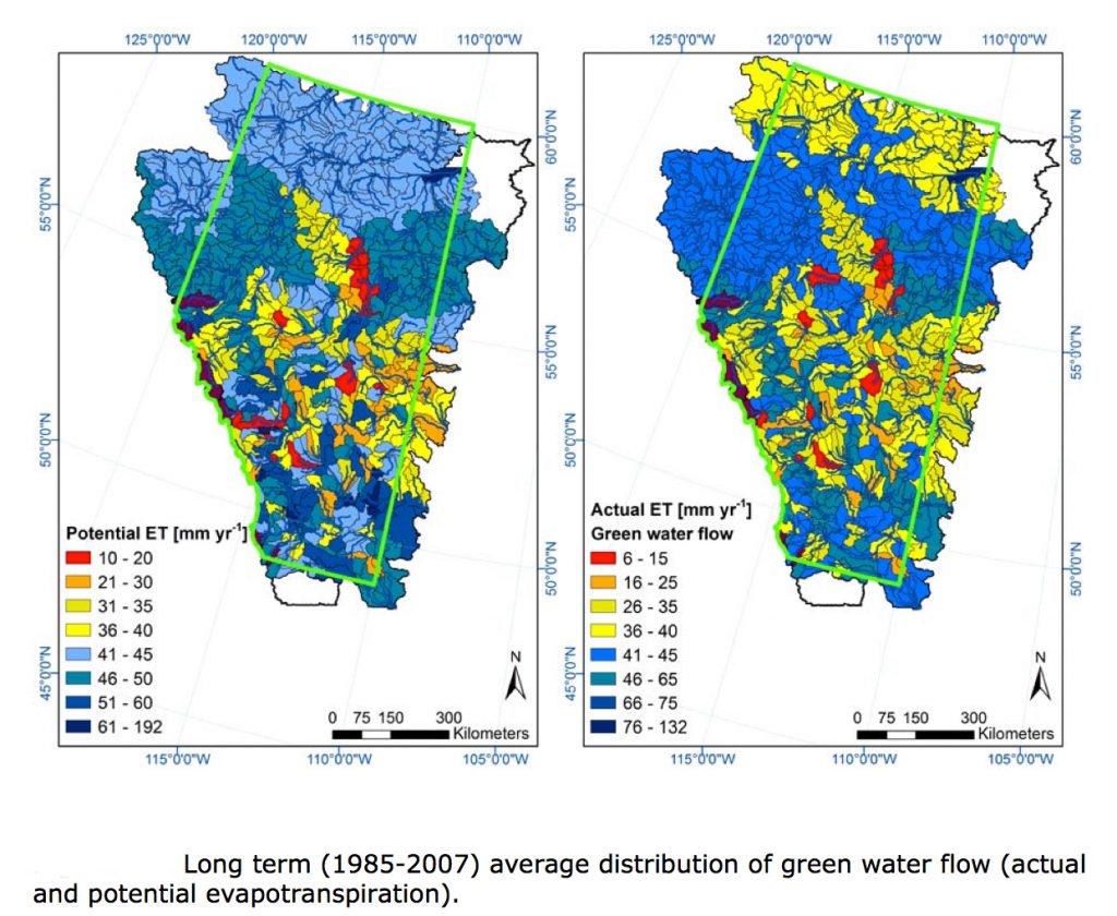 Long term (1985-2007) average distribution of green water flow (actual and potential evapotranspiration).