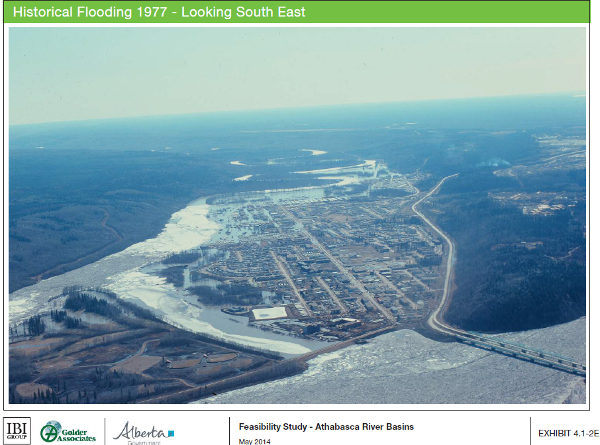 Lower Townsite and Waterways of Fort McMurray situated at the confluence of the Athabasca and Clearwater Rivers. Fort McMurray lies within the Clearwater floodplain, and is prone to flooding from ice jams. Source: IBI Group and Golder Associates Ltd, 2014. Feasibility Study – Athabasca River Basins. Prepared for the Government of Alberta – Flood Recovery Task Force.