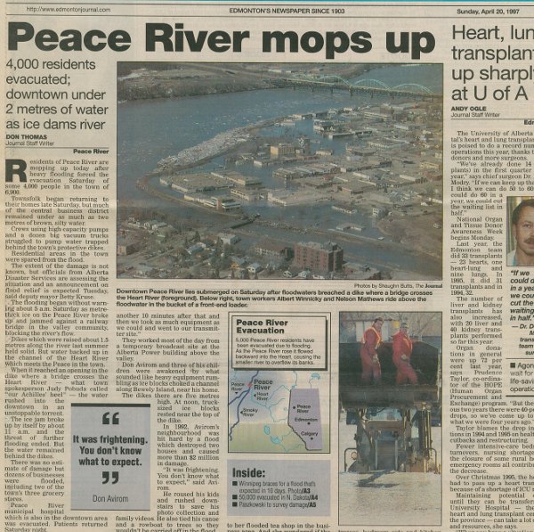 Peace River newspaper from April 20, 1997 describing aftermath of the flood caused by ice jams. Photo courtesy of Alberta Environment and Parks.