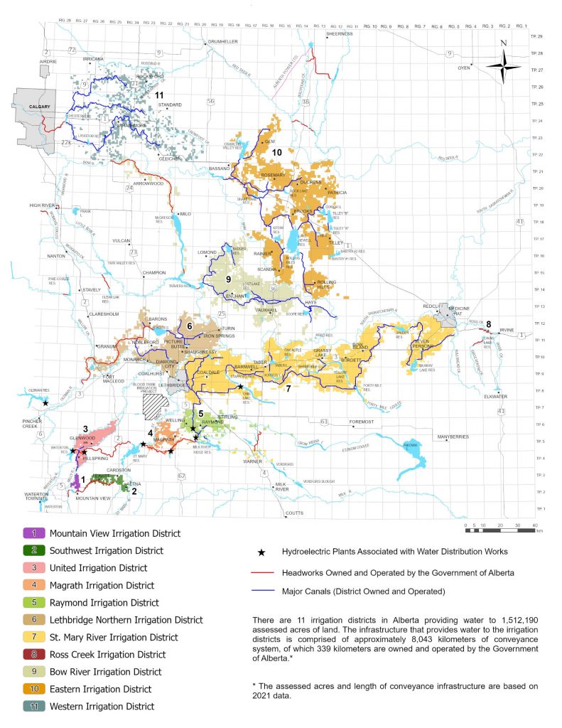 Map of 11 irrigation districts in Alberta. Published in 2023 Map