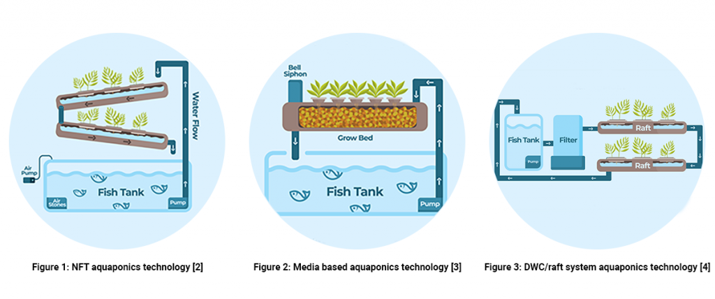 Diagrams illustrating 3 aquaponic approaches: Nutrient Film Technique (NFT), Media based and the Raft System.