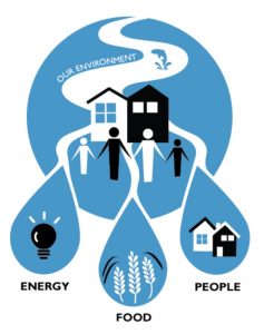 Graphic of a river splitting into 3 uses: energy, food and people