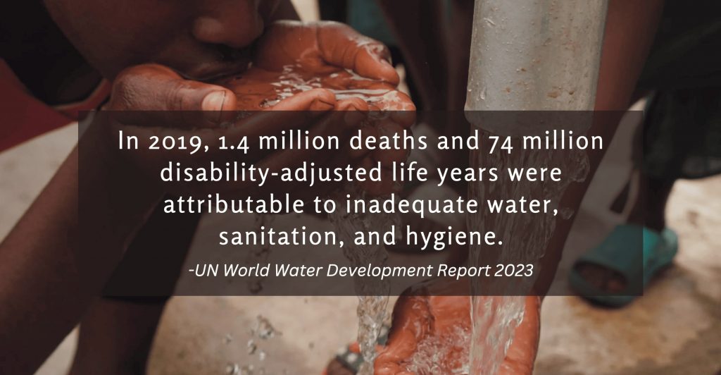 Photograph of people drinking water from their hands with a quote about 2019 death and disabilities from poor water quality.