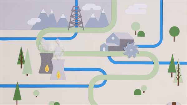 Simple sketch of water flows through the energy sector showing uses such as hydro, steam generation and oil drilling.