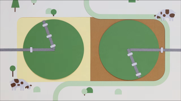 Simplified overhead-view sketch of pivot irrigation crop circles