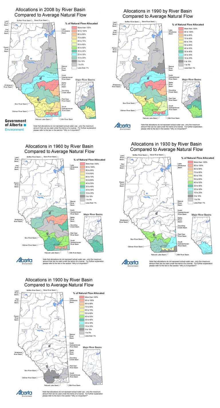 A set of 5 maps indicating allocations compared to average annual flow.