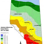 Colour-banded map of Alberta indicating January mean temperatures.