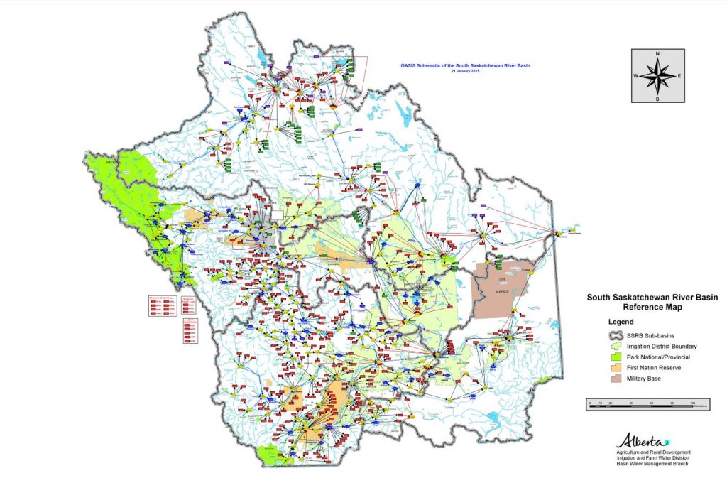 The SSROM schematic highlighting reservoirs and demands throughout the South Saskatchewan River Basin.