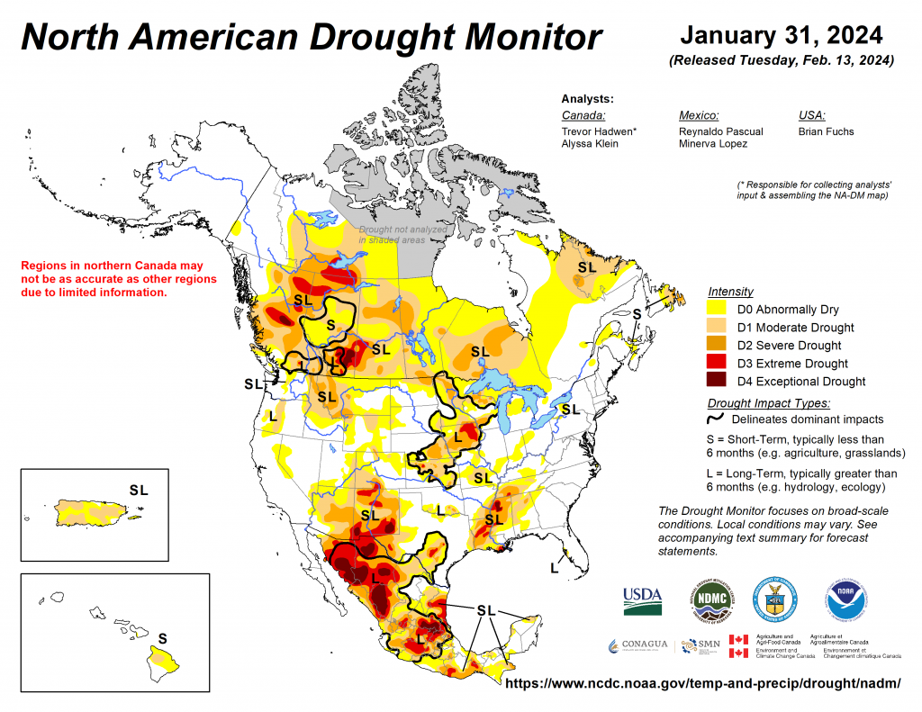 Map of North America showing drought conditions across the continent.