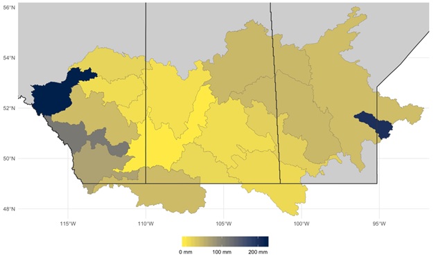 Map of the Prairie Provinces (Alberta, Saskatchewan, Manitoba) showing annual amounts of precipitation flowing to the main river in each region.