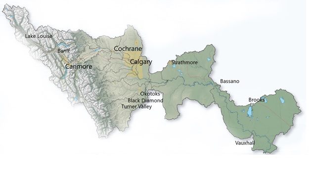 Topographical map of the Bow River watershed.