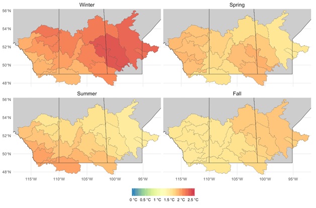 Four maps of the Prairie Provinces (Alberta, Saskatchewan, Manitoba) showing forecast changes in air temperature by the 2040s.