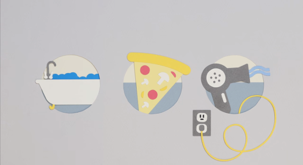 Sketch of three ways people use water: bathing, pizza slice, , energy