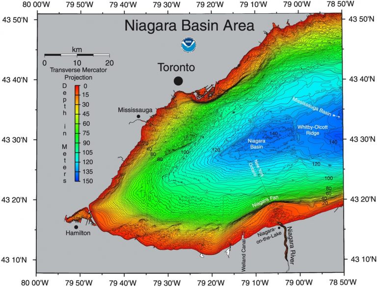 Colour-coded bathymetric image of the Niagara Basin area of Lake Ontario indicating depths