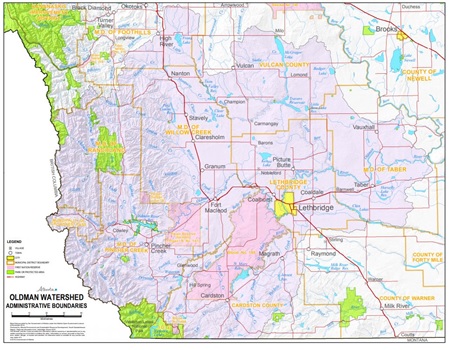 Topographical map showing the shaded Oldman River watershed