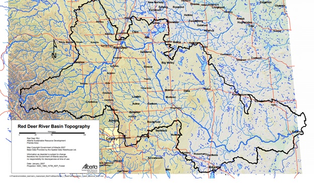 Topographical map showing an outline of the Red Deer River watershed.