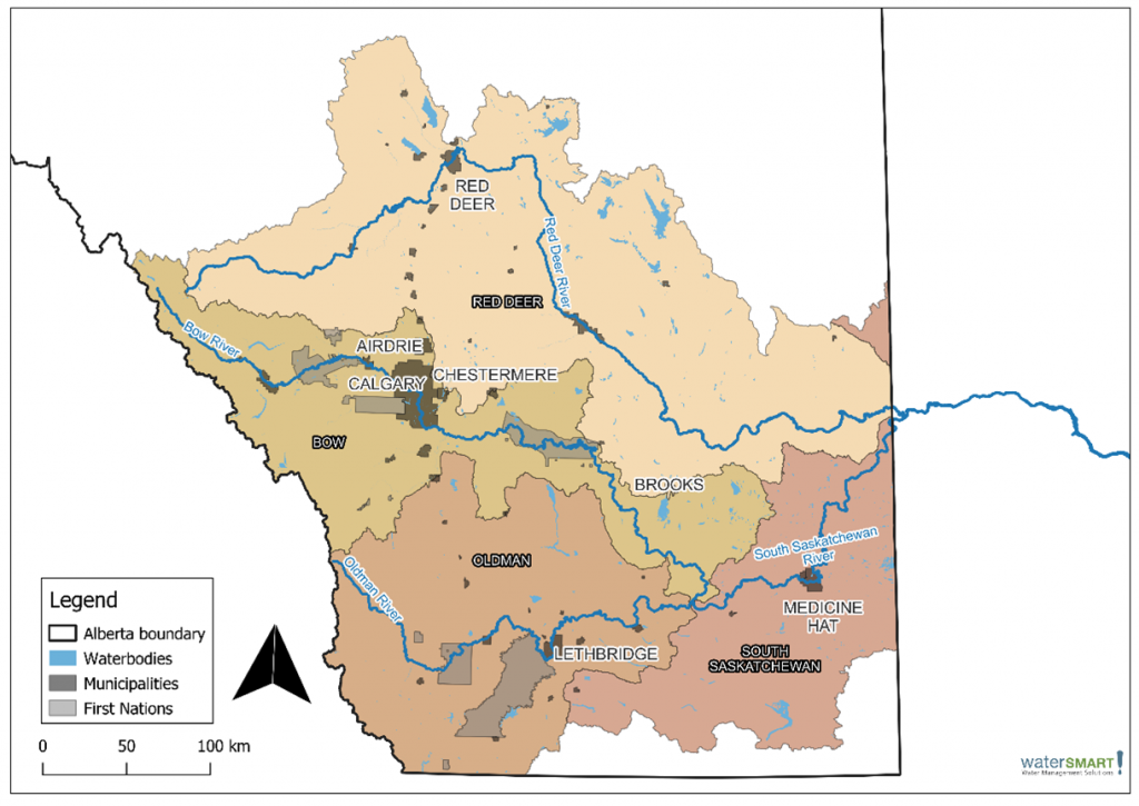 Map of the South Saskatchewan River Basin outlining the Red Deer, Bow, and Oldman watersheds.