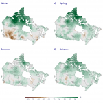 Four colour-coded maps of Canada showing changing precipitation in each season 1948-2012.