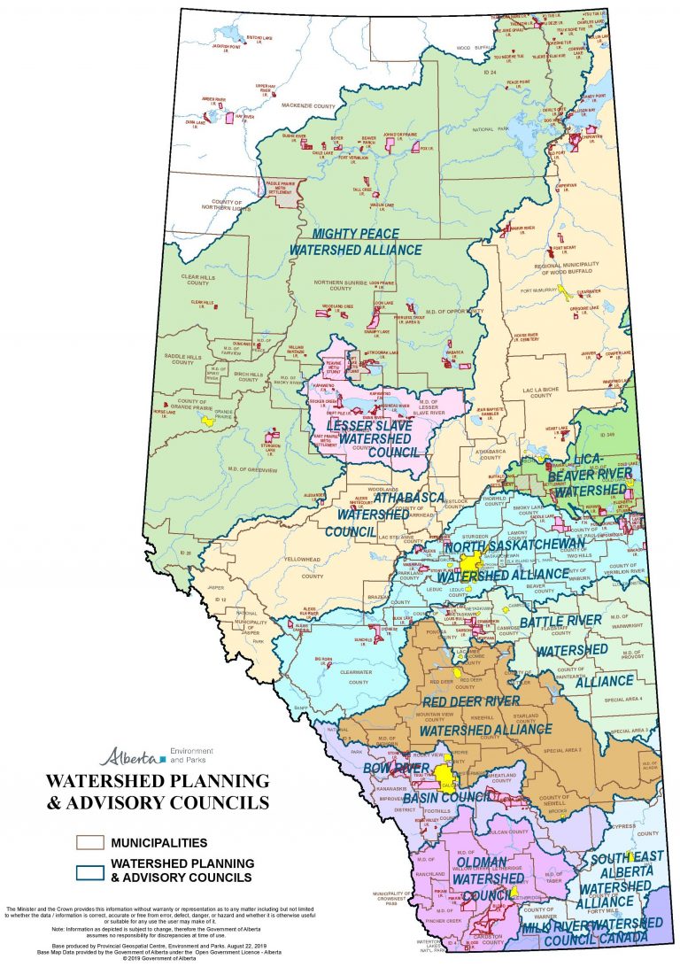 A colour-coded map of Alberta's Watershed Planning and Advisory Councils overlaid onto a map of Alberta's municipalities.