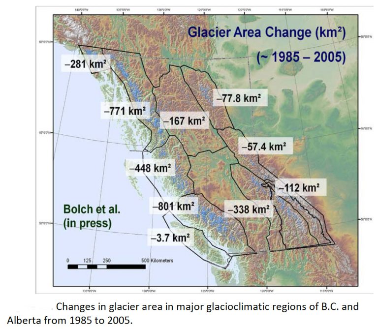 Map of changes in glacier area in B.C. and Alberta, 1985-2005