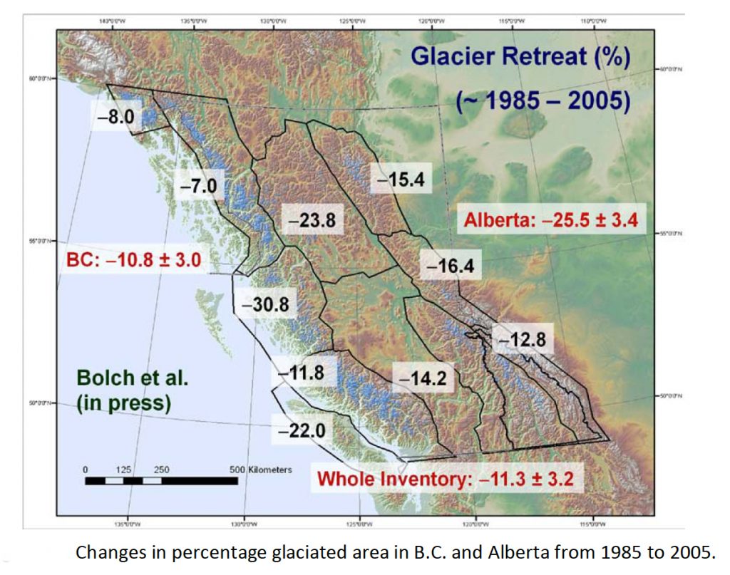 Map showing changes in percentage glaciated area in B.C. and Alberta from 1985 - 2005