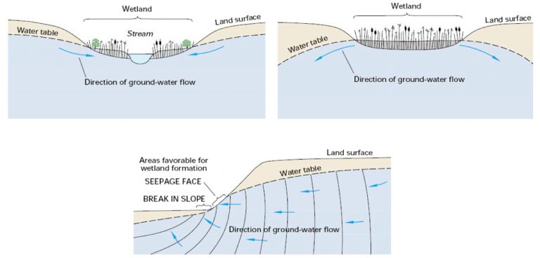 Three diagrams showing possible interactions of groundwater and the surface