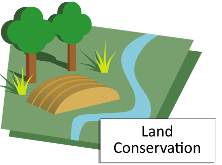 graphic of land with a tree, hill, and river