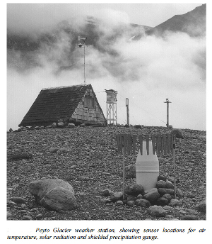 Black-and-white photograph showing Peyto Glacier weather station showing sensor locations air temperature, solar radiation and shielded precipitation gauge