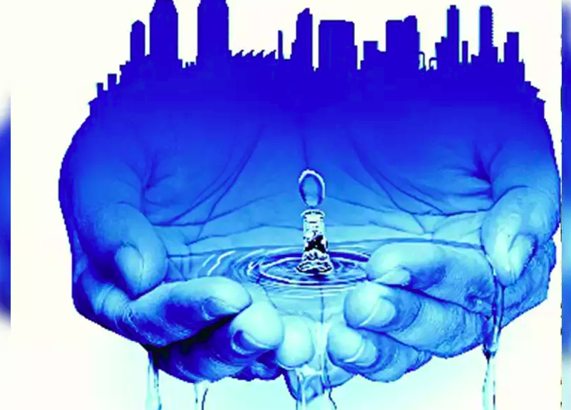 image of water in hands, city background