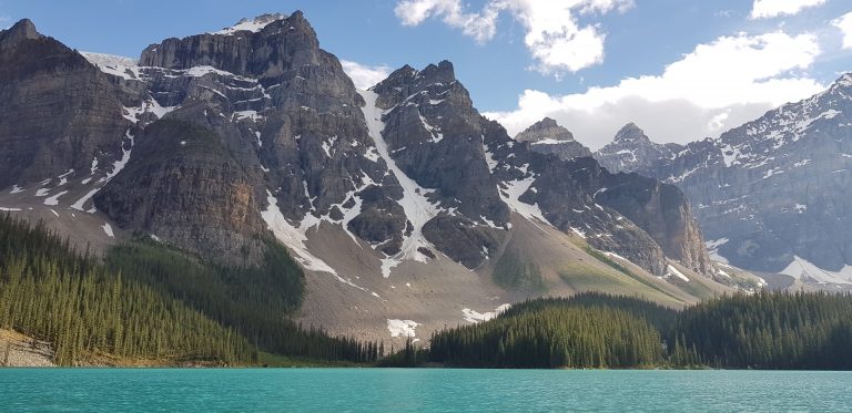 Photograph of Moraine Lake with peaks in the background