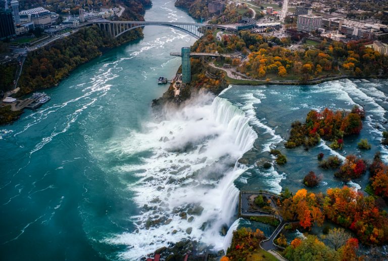 An aerial photograph of the Niagara Falls in the fall