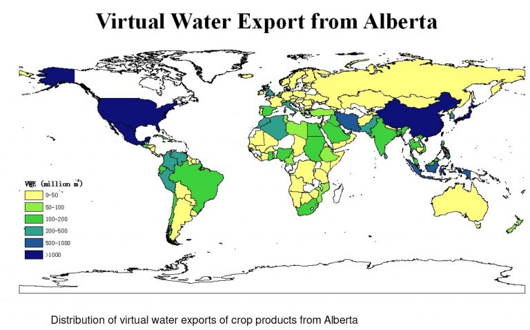 Global map indicating counties receiving Virtual Water Exports in millions of cubic metres.