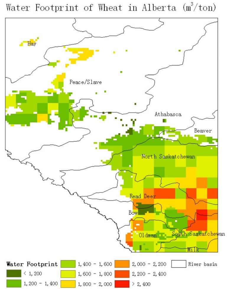 Colour-coded map of major Alberta river basins showing the water footprint of wheat in millions of cubic metres