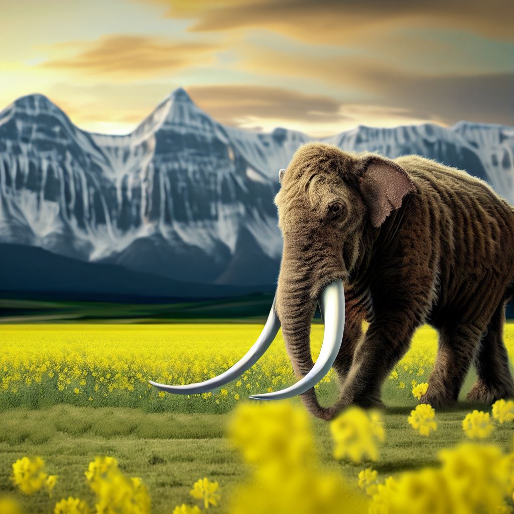 AI generated image of a woolly mammoth walking in a canola field with mountains in the distance