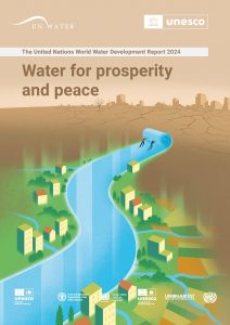 Cover of the United Nations World Water Development Report 2024. It's a picture of a river being unrolled like a blue carpet into a dry and cracking landscape.