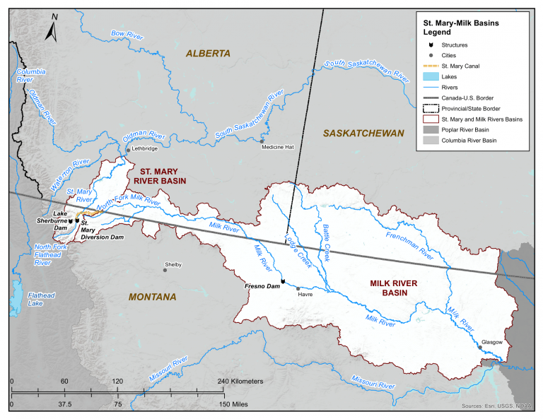 A map of the St. Mary and Milk Rivers basins showing their location within Alberta, Saskatchewan and Manitoba.