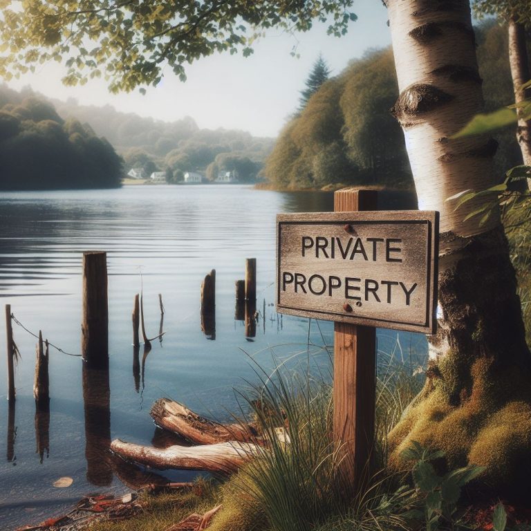 AI generated image of a lake with a "private property" sign in the foreground