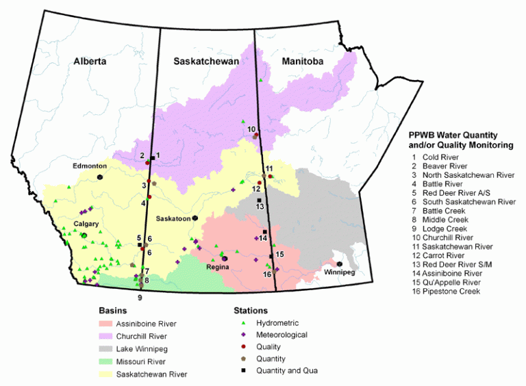 A map of Alberta, Saskatchewan and Manitoba showing the Prairie Provinces Water Board water quantity and quality monitoring stations and basins. PPWB water quantity and/or quality monitoring is performed in the following areas: 1. Cold River; 2. Beaver River; 3. North Saskatchewan River; 4. Battle River; 5. Red Deer River A/S; 6. South Saskatchewan River; 7. Battle Creek, 8. Middle Creek; 10. Churchill River; 11. Saskatchwan Rvier; 12. Carrot River; 13. Red Deer River S/M; 14. Assiniboine River; 15. Qu'Appelle River; 16. Pipestone Creek.