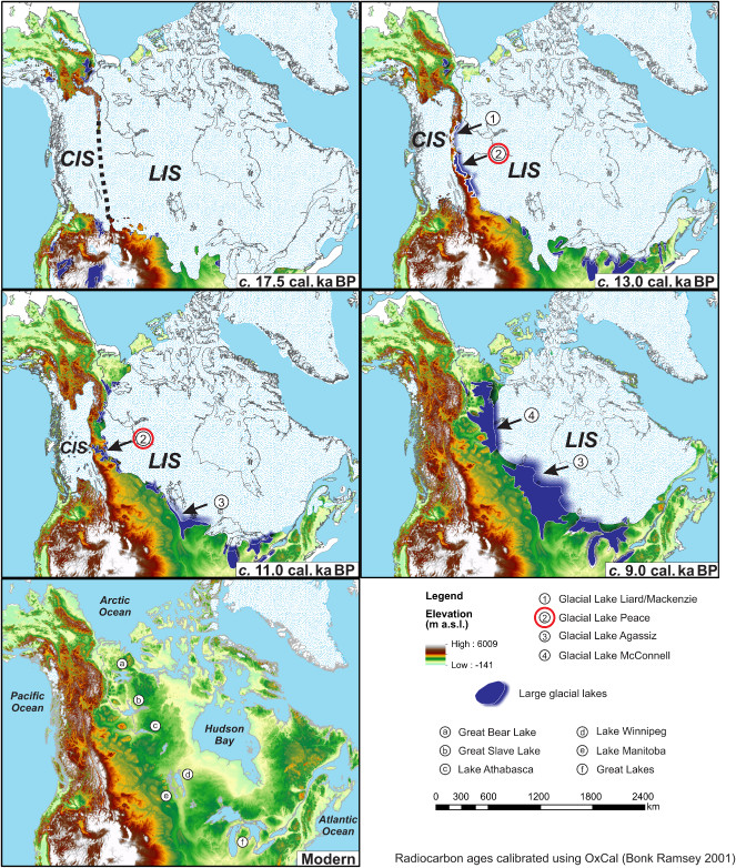 Retreat of the Laurentide Ice Sheet (LIS) and Cordilleran Ice Sheets (CIS)