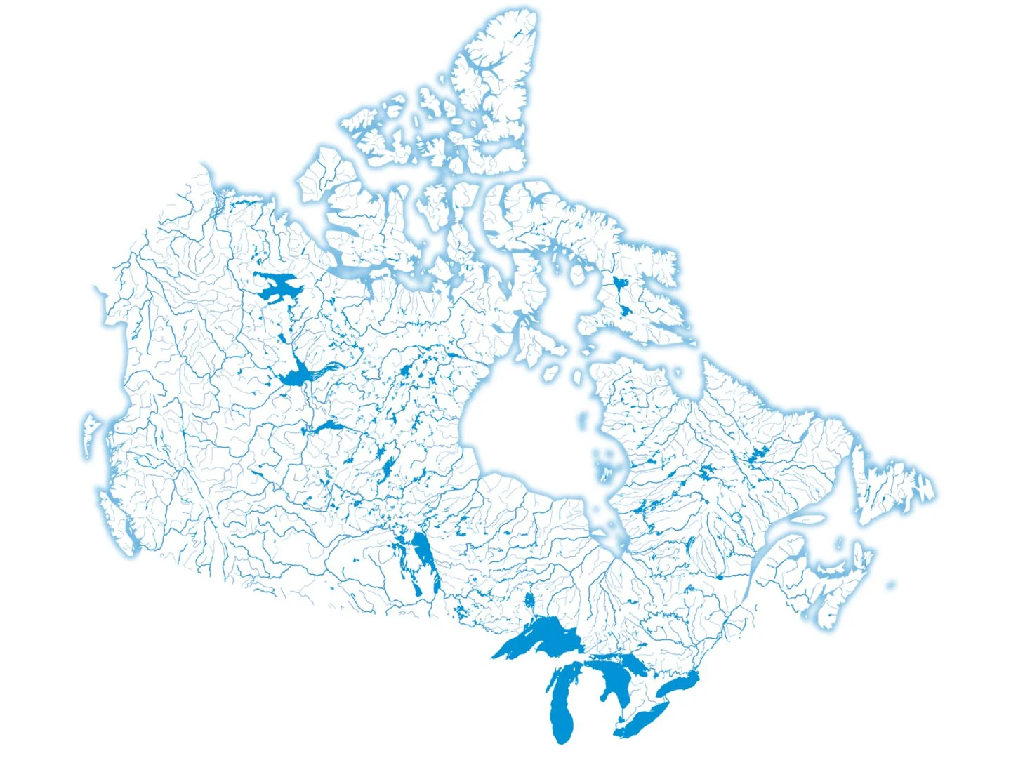 Overview map showing freshwater rivers and lakes in Canada