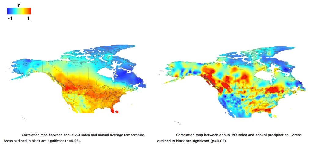 Correlation map between annual AO index and annual average temperature (left). Correlation maps between annual AO index and annual precipitation (right).