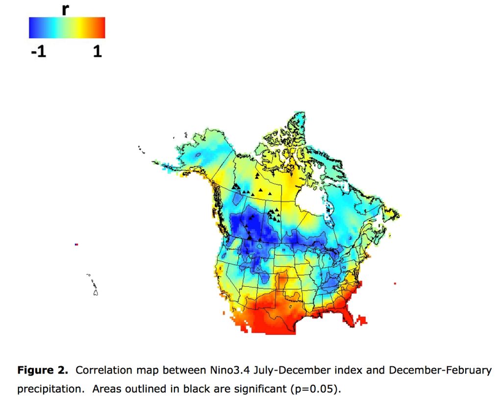 Correlation map between Nino 3.4 July- December and December- February precipitation.