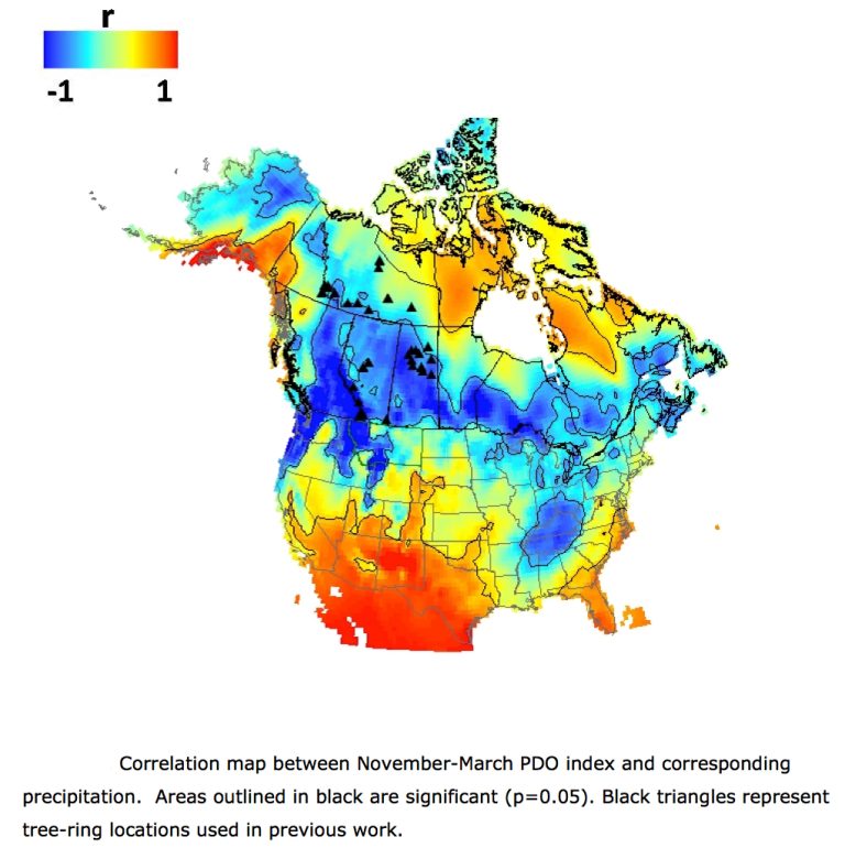 Correlation map between November- March DO index and corresponding precipitation.