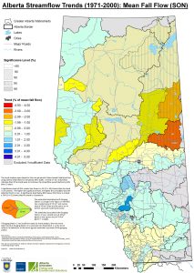 Autumn Flows Map of Alberta. With few exceptions, the autumn streamflow trends are quite similar to the summer streamflow trends.