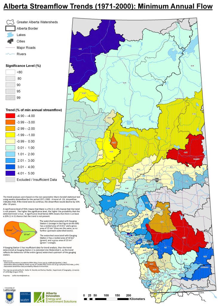 Map of the Minimum Annual Flows in Alberta. The spatial pattern across Alberta is not as clear as the mean annual trends.