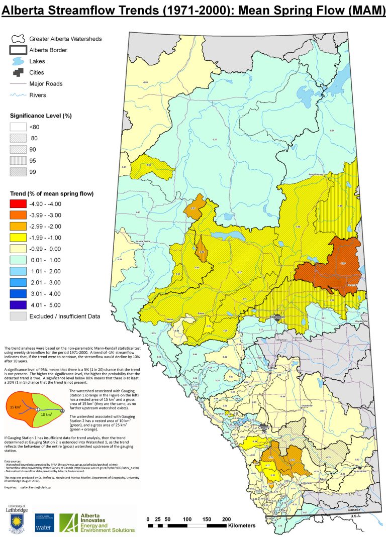 Spring Flows Map of Alberta. Spring flows are declining in southern Alberta, with the exception of the St. Mary watershed, which contributes about one quarter of the streamflow in the Oldman River watershed.