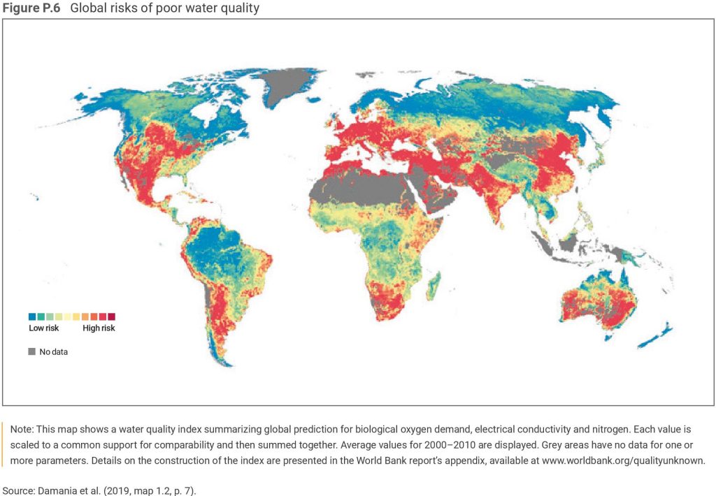 A world map indicating levels of water quality risk