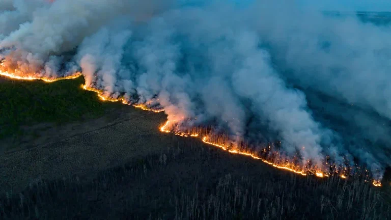 Photograph of a fire front burning through a broad swathe of forest