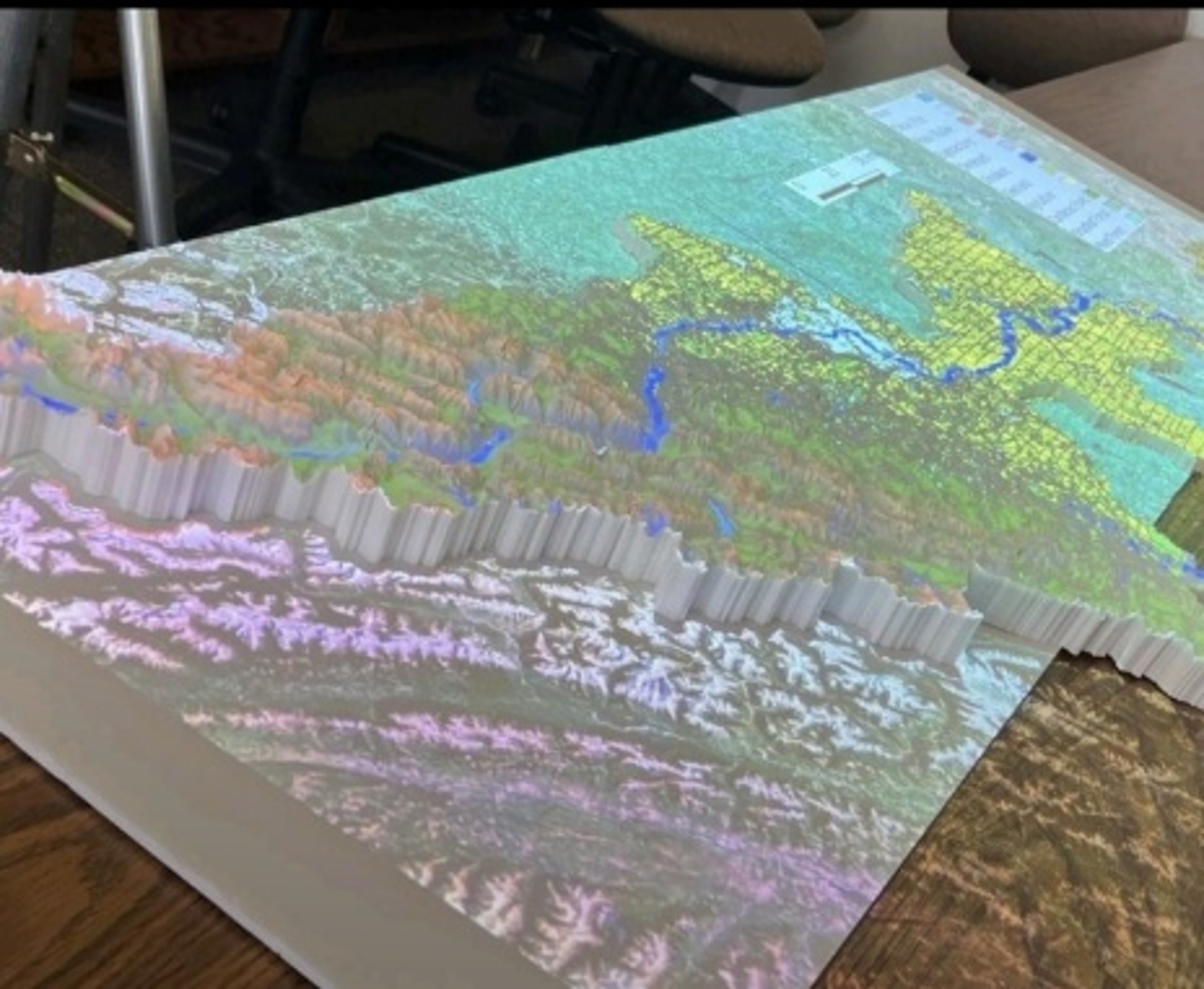 Land use information of the Bow River Basin on a 3D model. Image Credit: Juan Zuleta, 2025.